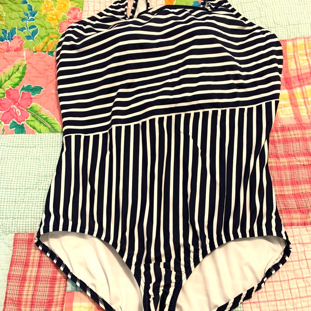 Lands' End Navy and White Striped One Piece Swim Suit Size 24W/L